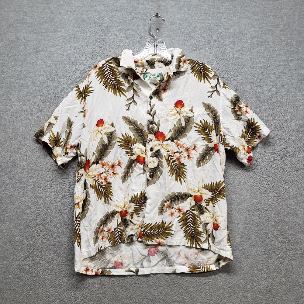 VINTAGE Two Palms Men‎ Button Up Shirt L White Brown Hawaiian Shirt